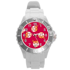 Orange Ornaments With Stars Pink Round Plastic Sport Watch (l) by TetiBright