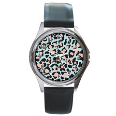 Blue And Pink Jaguar Dots Leopard Round Metal Watch by ConteMonfreyShop