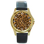 Leopard Print Jaguar Dots Brown Round Gold Metal Watch Front