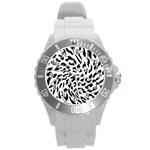 Leopard Print black and white draws Round Plastic Sport Watch (L) Front