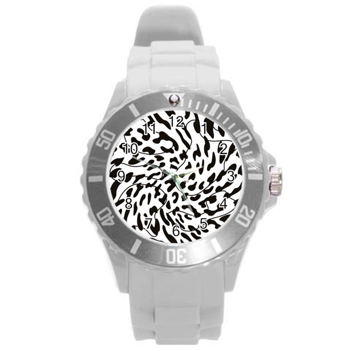 Leopard Print black and white draws Round Plastic Sport Watch (L)