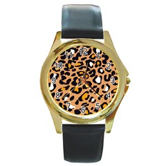 Leopard  Spots Brown White Orange Round Gold Metal Watch by ConteMonfreyShop