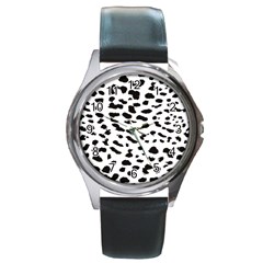 Leopard Print Jaguar Dots Black And White Round Metal Watch by ConteMonfreyShop