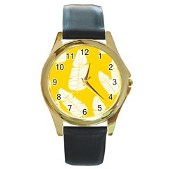 Yellow Banana Leaves Round Gold Metal Watch by ConteMonfreyShop