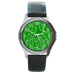 Green Banana Leaves Round Metal Watch by ConteMonfreyShop