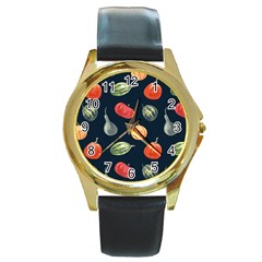 Vintage Vegetables  Round Gold Metal Watch by ConteMonfreyShop