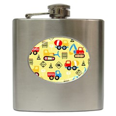 Seamless Pattern Vector Industrial Vehicle Cartoon Hip Flask (6 Oz) by Jancukart