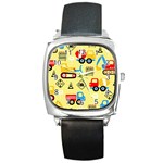 Seamless pattern vector industrial vehicle cartoon Square Metal Watch Front