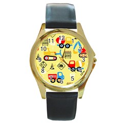 Seamless Pattern Vector Industrial Vehicle Cartoon Round Gold Metal Watch by Jancukart