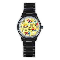 Seamless Pattern Vector Industrial Vehicle Cartoon Stainless Steel Round Watch by Jancukart