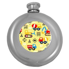 Seamless Pattern Vector Industrial Vehicle Cartoon Round Hip Flask (5 Oz) by Jancukart