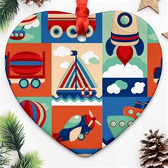 Toy Transport Cartoon Seamless-pattern-with-airplane-aerostat-sail Yacht Vector Illustration Heart Ornament (two Sides)