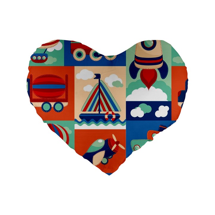 Toy Transport Cartoon Seamless-pattern-with-airplane-aerostat-sail Yacht Vector Illustration Standard 16  Premium Heart Shape Cushions