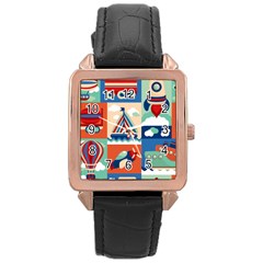 Toy Transport Cartoon Seamless-pattern-with-airplane-aerostat-sail Yacht Vector Illustration Rose Gold Leather Watch  by Jancukart