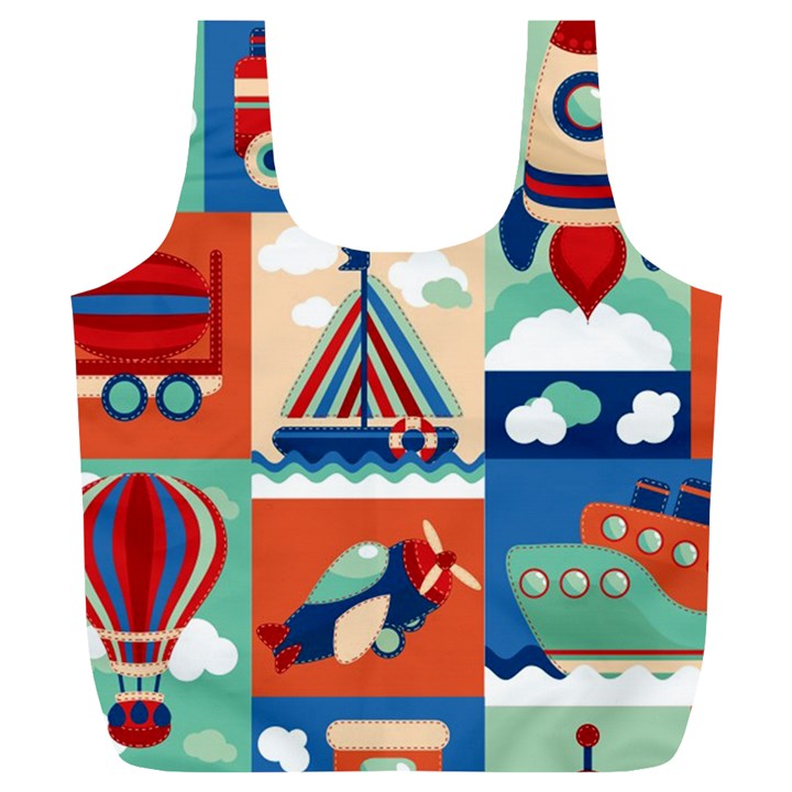 Toy Transport Cartoon Seamless-pattern-with-airplane-aerostat-sail Yacht Vector Illustration Full Print Recycle Bag (XL)