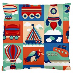 Toy Transport Cartoon Seamless-pattern-with-airplane-aerostat-sail Yacht Vector Illustration Large Flano Cushion Case (two Sides) by Jancukart