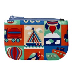 Toy Transport Cartoon Seamless-pattern-with-airplane-aerostat-sail Yacht Vector Illustration Large Coin Purse by Jancukart