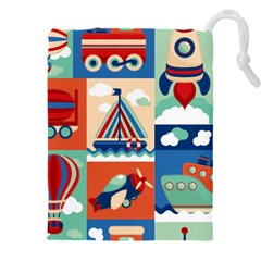 Toy Transport Cartoon Seamless-pattern-with-airplane-aerostat-sail Yacht Vector Illustration Drawstring Pouch (5xl) by Jancukart