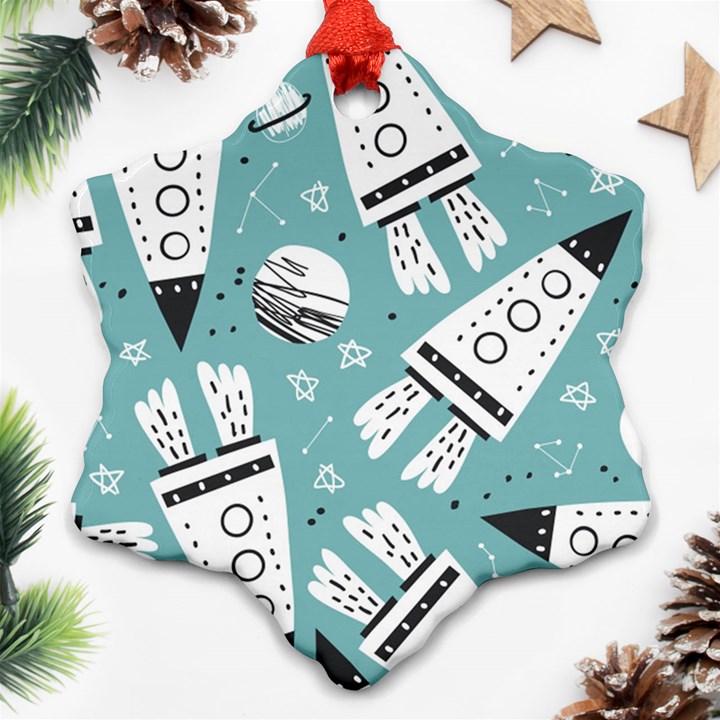 Cute seamless pattern with rocket planets-stars Snowflake Ornament (Two Sides)