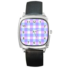 Cotton Candy Plaids - Blue, Pink, White Square Metal Watch by ConteMonfrey