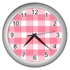 Pink And White Plaids Wall Clock (silver) by ConteMonfrey