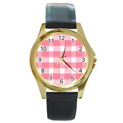 Pink And White Plaids Round Gold Metal Watch by ConteMonfrey