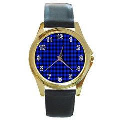 Black And Bic Blue Plaids Round Gold Metal Watch by ConteMonfrey