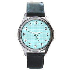 Turquoise Small Plaids Lines Round Metal Watch by ConteMonfrey