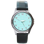 Turquoise Small Plaids Lines Round Metal Watch Front