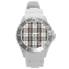 Cute Blue Grey White Plaids Round Plastic Sport Watch (l) by ConteMonfrey