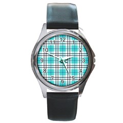 Black, White And Blue Turquoise Plaids Round Metal Watch by ConteMonfrey