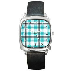 Black, White And Blue Turquoise Plaids Square Metal Watch by ConteMonfrey