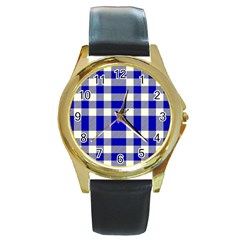 Blue Plaids Bic Big Plaids Round Gold Metal Watch by ConteMonfrey