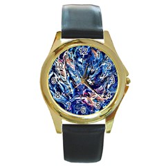 Cobalt Delta Round Gold Metal Watch by kaleidomarblingart