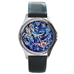 Cobalt Delta Round Metal Watch by kaleidomarblingart