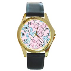 Children Pattern Design Round Gold Metal Watch