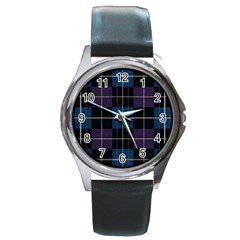 Blue Black Modern Plaids Round Metal Watch by ConteMonfrey