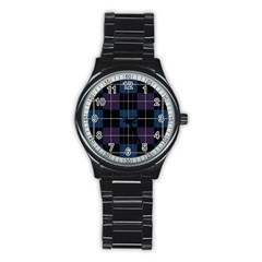 Blue Black Modern Plaids Stainless Steel Round Watch