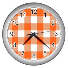 Orange And White Plaids Wall Clock (silver) by ConteMonfrey