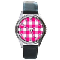 Pink And White Plaids Round Metal Watch by ConteMonfrey