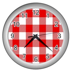 Red And White Plaids Wall Clock (silver) by ConteMonfrey