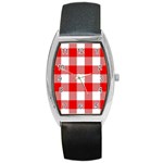 Red and white plaids Barrel Style Metal Watch Front