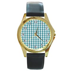 Straight Blue White Small Plaids Round Gold Metal Watch by ConteMonfrey