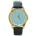 Straight Blue White Small Plaids Round Gold Metal Watch Front