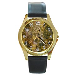 Nature Monstera Leaves Leaf Foliage Boho Style Round Gold Metal Watch