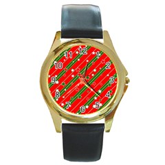 Xmash Christmas Stars Red Background Star Round Gold Metal Watch