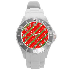 Xmash Christmas Stars Red Background Star Round Plastic Sport Watch (L)