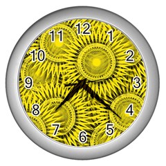 Yellow Abstract Sun Pattern Background Wall Clock (Silver)