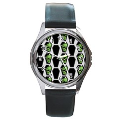 Coffins And Skulls - Modern Halloween Decor  Round Metal Watch by ConteMonfrey