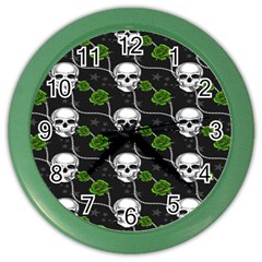 Green Roses And Skull - Romantic Halloween   Color Wall Clock by ConteMonfrey